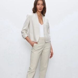 Aritzia Babaton Power Waist Open-Front Linen Cropped Blazer Jacket Beige